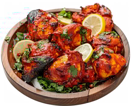 a plate of chicken and vegetables with lemon wedges photo