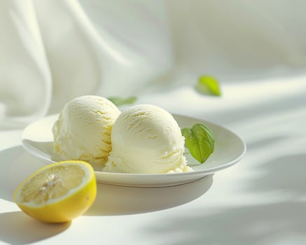 a white plate with two scoops of ice cream photo