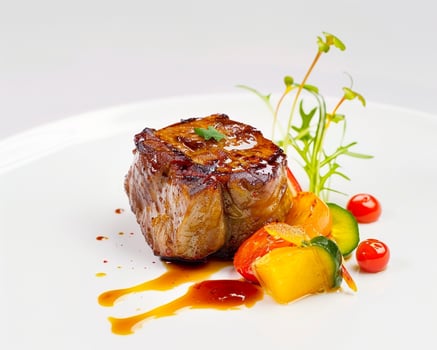 a piece of meat on a white plate with sauce photo