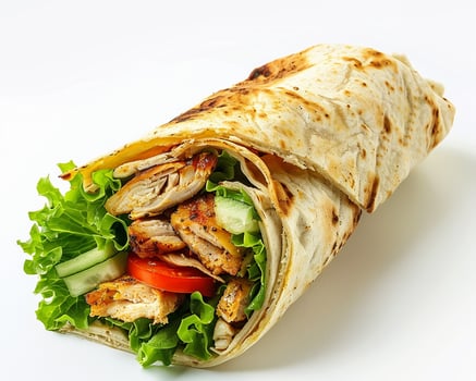 a wrap with chicken, lettuce and tomatoes photo