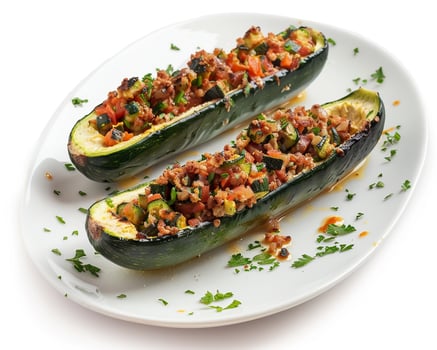 two stuffed zucchini boats on a white plate photo