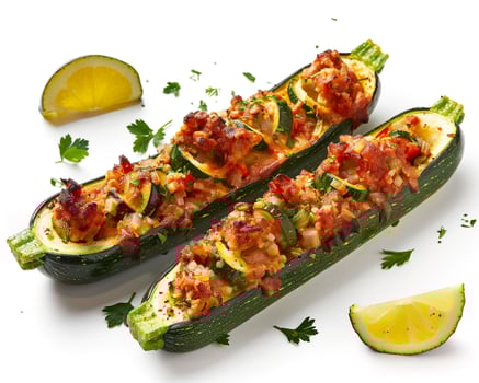 two stuffed zucchini boats with meat and vegetables photo