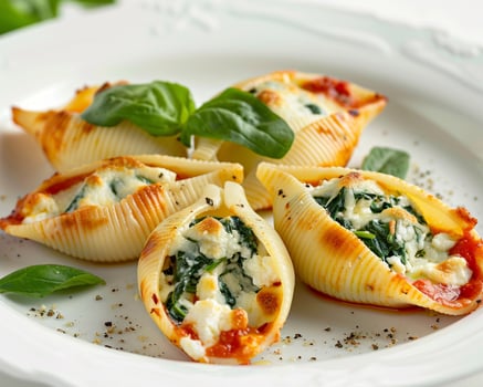 a plate of stuffed shells with cheese and spinach photo
