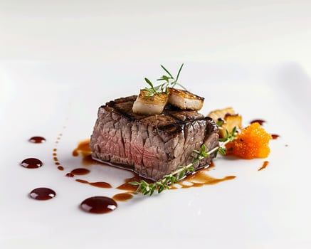 a piece of steak on a white plate with sauce photo