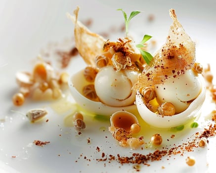a white plate topped with an egg and some nuts photo