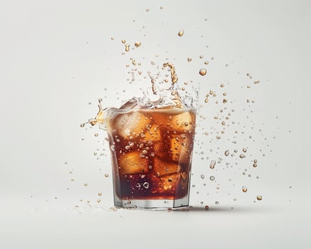cola splash in glass with ice cubes photo