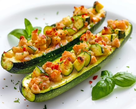 two stuffed zucchini boats on a white plate photo