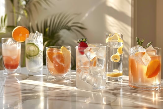 Variety of beverages with ice on table. photo