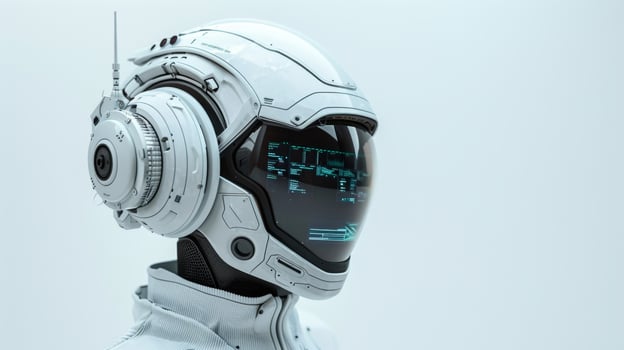 Astronaut wearing advanced helmet with technological hud displaying data photo