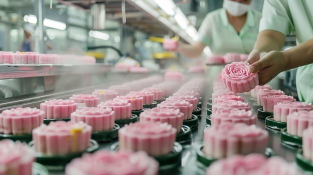 Pastry chefs preparing mooncakes for the mid autumn festival in a food factory photo