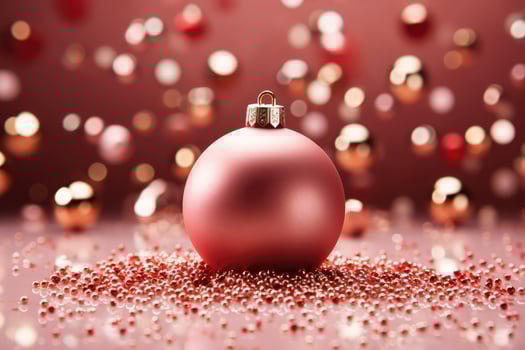 Pink Christmas tree toy ball with festive confetti on a pink bokeh background. photo