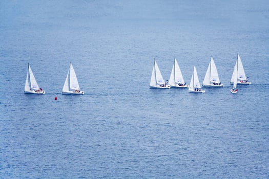 A group of small sailing boats on the blue water photo