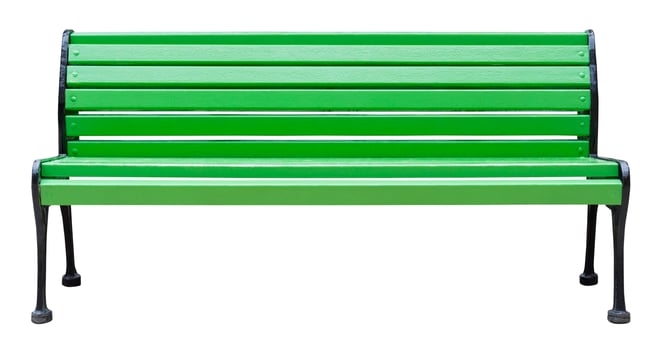 Colored wooden bench painted green with black metal legs, isolated on a white background photo