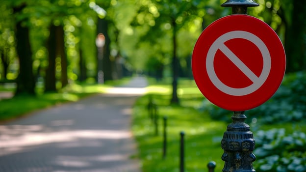 No Entry Sign Post Along Tree-Lined Path in Sunlit Park, Greenery, Summer, Calm Outdoor Scene photo