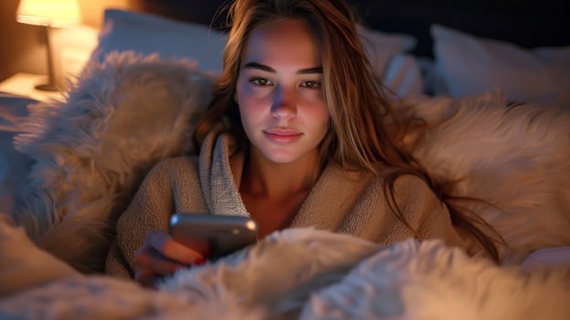 Young Woman Relaxing in Cozy Bedroom, Using Smartphone on Comfortable Bed with Warm Lighting, Enjoying Evening Indoors photo