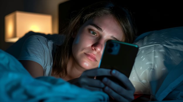Woman in Bed Using Smartphone at Night Illuminated by Lamp, Showing Emotional Contemplation and Modern Lifestyle in Dimly Lit Bedroom photo