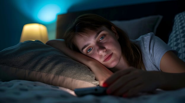 Woman Lying in Bed with Smartphone, Illuminated by Blue and Warm Night Lights, Contemplative Expression, Nighttime Scene, Cozy Bedroom Atmosphere, Reflective Evening Moment photo