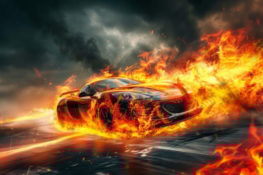 Flaming sports car speeding on highway photo