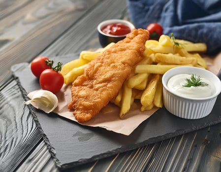 Closeup England national food fish and chip with cream source on black stone plate and wooden table photo