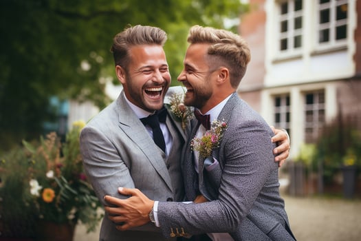 Homosexual male couple happily embrace after their wedding ceremony photo