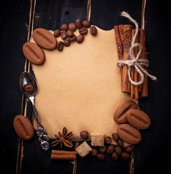 Coffee, sugar, cinnamon, cookies and vintage paper photo