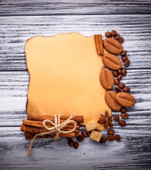 Coffee, sugar, cinnamon, cookies and vintage paper photo