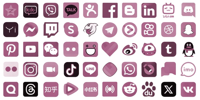 KYIV, UKRAINE - APRIL 1, 2024 Many icons of social media, messengers, sharing platforms photo