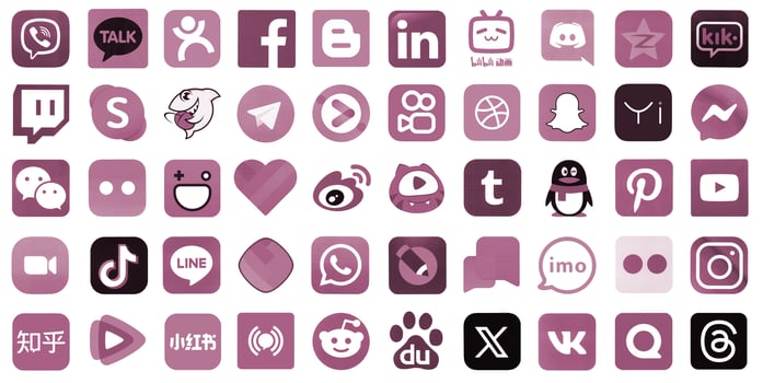 KYIV, UKRAINE - APRIL 1, 2024 Many icons of social media, messengers, sharing platforms photo