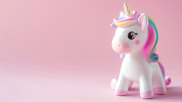 A whimsical unicorn toy with a rainbow mane on a soft pink background photo