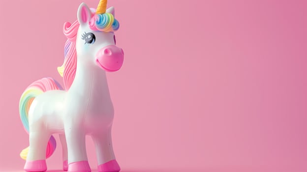 A whimsical unicorn toy with a rainbow mane on a soft pink background photo