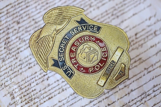 KYIV, UKRAINE - MARCH 9, 2024 US Treasury Police Secret Service Officer badge on United States Constitution photo