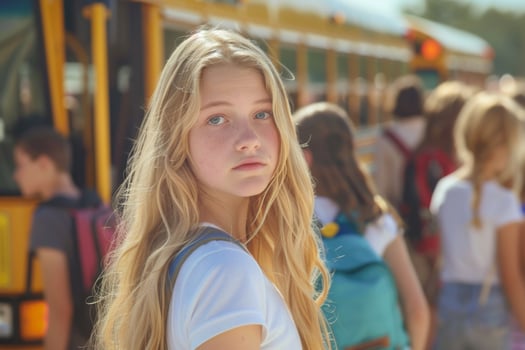 Blonde teenage girl with long hair stands in front of a school bus, looking back over her shoulder back to school concept photo