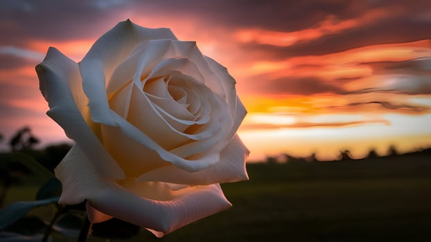 a white rose is in front of a sunset photo