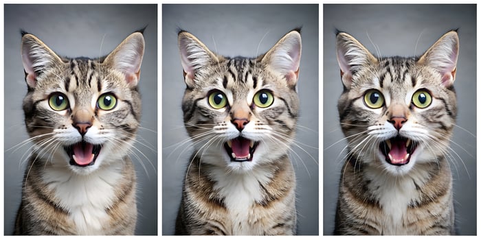 Expressive Tabby Cat Trio Capturing Hilarious Reactions in a Photobooth Style photo