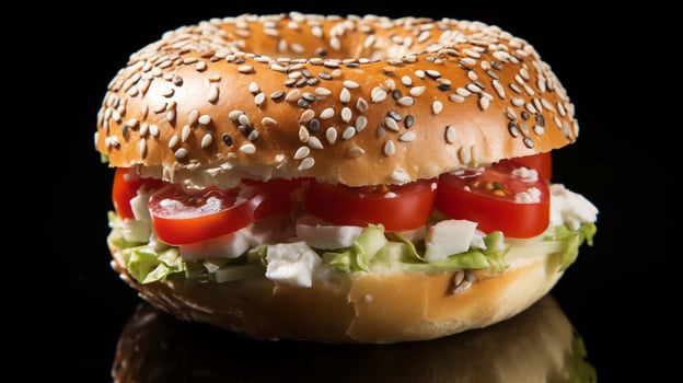 Bagel sandwich with cream cheese, fresh tomatoes, lettuce closeup image. Breakfast food close up photography marketing. Fast casual restaurant concept photo. Sesame topping picture photo