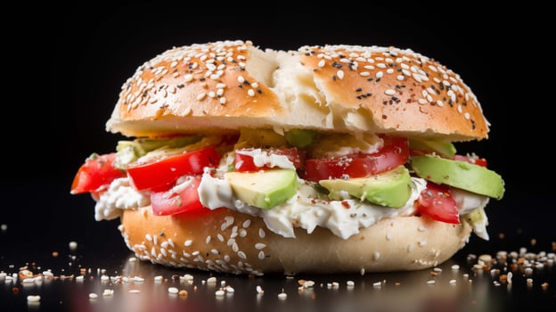 Broken bagel with avocado, cream cheese, tomato closeup image. Artistic food close up photography marketing. Fast casual restaurant concept photo realistic. Savory breakfast picture