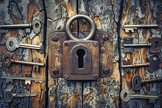 Antique door locks and keys on an old background. Old padlock and key. set as a symbol of security, closeness, history, protection, safety etc. Conceptual background. photo