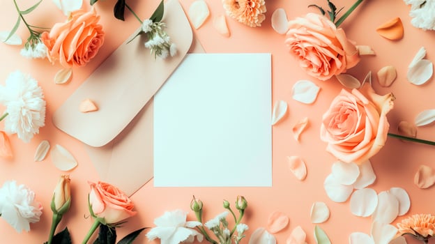 Flat lay of beautiful flowers over orange background and blank card for invitation. Mother's day, Valentine's day or wedding concept. Mock up template with space for text or product. photo