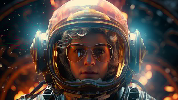 Wearing sunglasses female astronaut in glowing helmet closeup image. Spacewoman close up photography marketing. Woman in space concept photo realistic. Intense look picture photorealistic