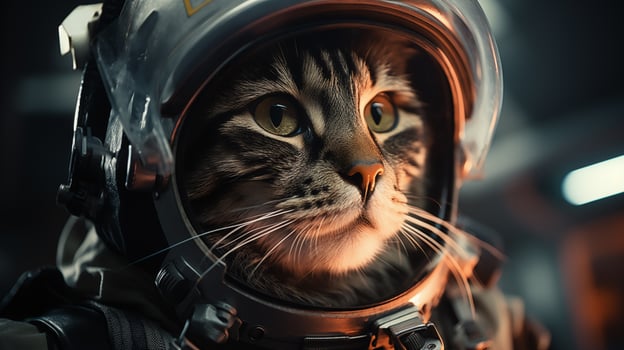 Space helmet tabby cat intently gazes closeup image. Animal astronaut close up photography marketing. Feline explorer concept photo. Curious pet adventure picture photorealistic photo