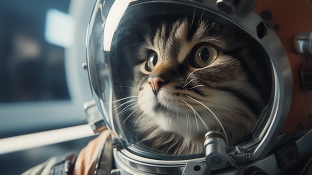 Domestic cat in astronaut suit closeup image. Curious tabby feline close up photography marketing. Kitten animal in spacecraft concept photo. Cosmonaut pet picture photorealistic photo