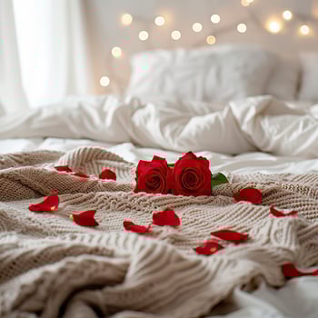 Romantic bedroom setting with red roses and petals on a cozy knit blanket, fairy lights in the background. Perfect for love and romance themes. photo