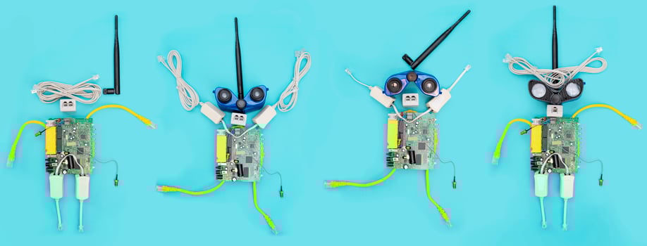 Back to school panorama concept. A metal robot and an electronic board photo