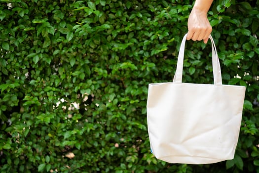 Asian men is holding tote bag canvas fabric for mockup blank template. The background is a tree wall. photo