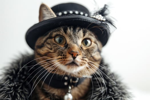 Happy cat wearing Flapper costumes, studio lighting, isolated on white background, stock photographic style photo