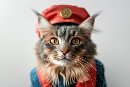 Happy cat wearing Flight Attendant costumes, studio lighting, isolated on white background, stock photographic style photo