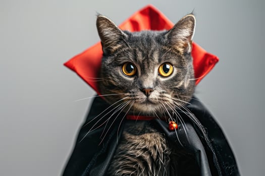 Happy cat wearing Vampire costumes, studio lighting, isolated on white background, stock photographic style photo