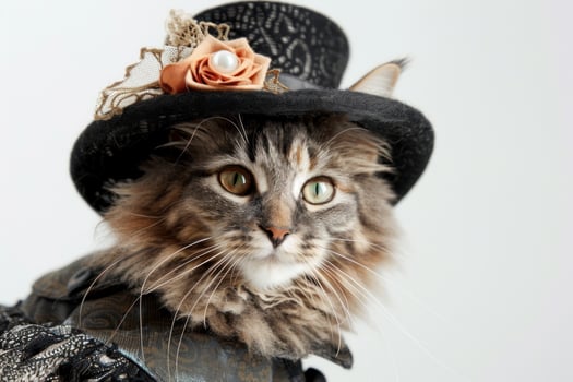 Happy cat wearing Victorian Lady costumes, studio lighting, isolated on white background, stock photographic style photo