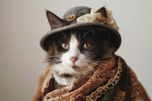 Happy cat wearing Victorian Lady costumes, studio lighting, isolated on white background, stock photographic style photo