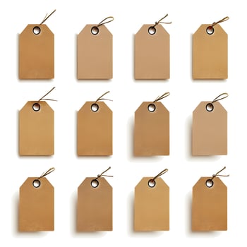Set of twelve blank brown tags with strings on a white background photo